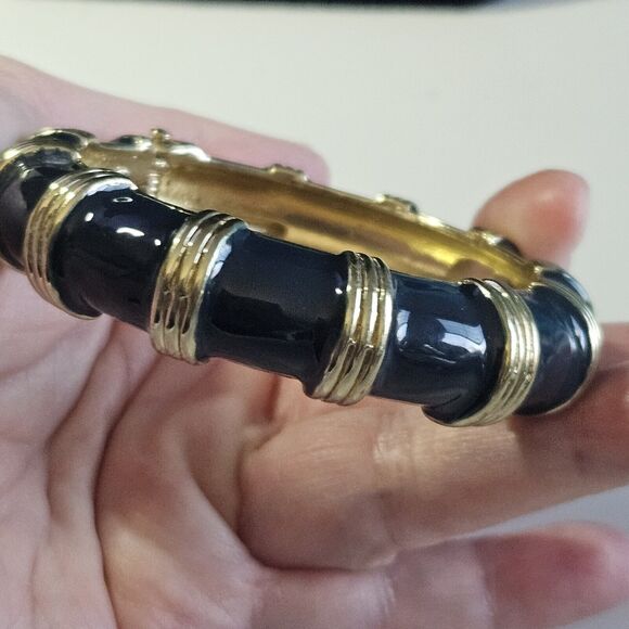 **Final Sale** J Crew Clamp Bangle Bamboo Look Blueberry Enamel Gold Tone Hinge - Picture 1 of 11